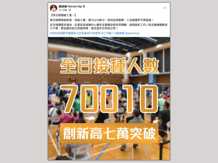 單日接種疫苗突破七萬再創新高。(聶德權社交網頁截圖).jpg 單日接種疫苗突破七萬再創新高。(聶德權社交網頁截圖).jpg